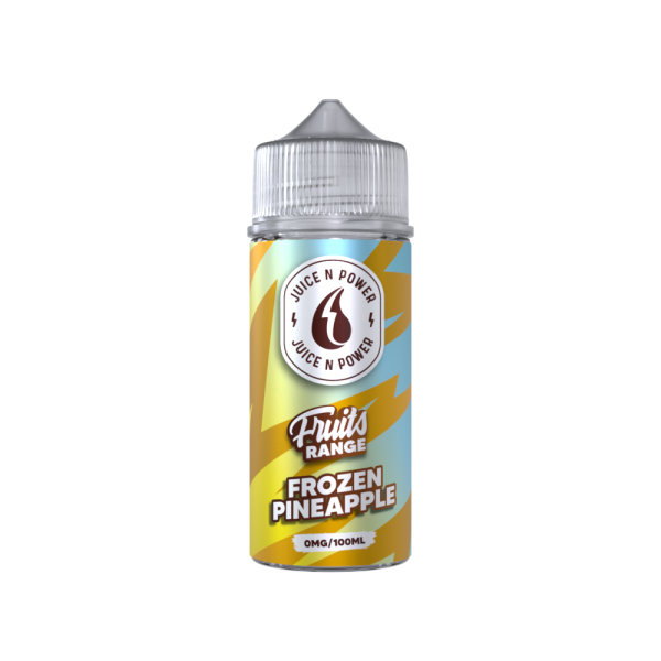 Juice n Power Frozen Pineapple E-liquid. Deliciously juicy, ripe pineapples, with a cooling sensation that gives it a frozen or icy feel. 100ml Shortfill
